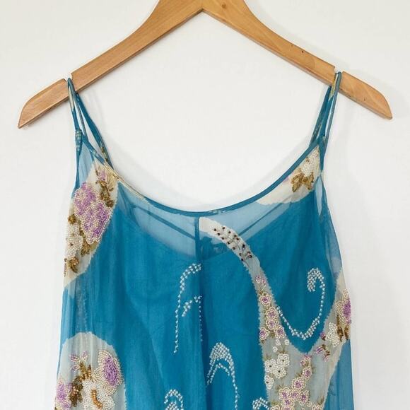 Tracy Reese Blue Beaded Embellished Peacock Silk Camisole Tunic Blouse Top - Picture 13 of 16